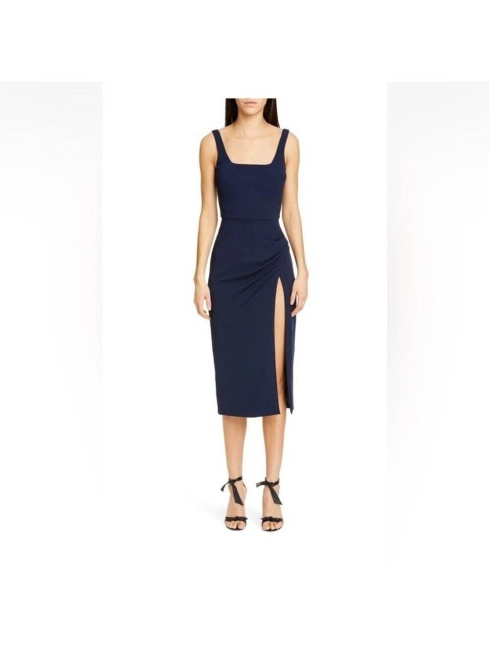 CUSHNIE Black Square Neck Ruched Side Slit Dress sz 0 - Picture 3 of 16